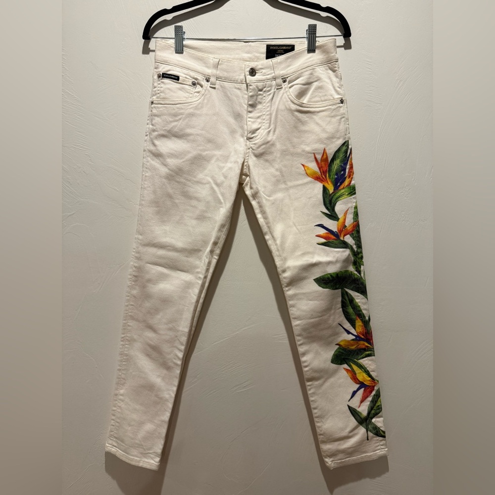 Dolce & Gabbana White Jeans with Colorful Floral Design Birds of Paradise